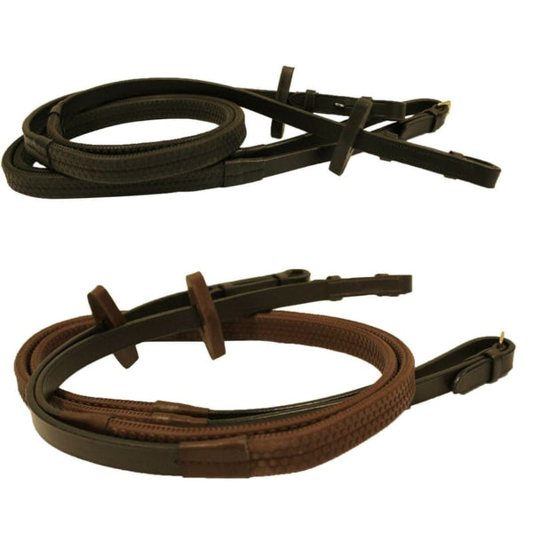 Horseware Rambo Micklem Rubber Reins Grip and Leather Black/Brown Brass Pony/Horse