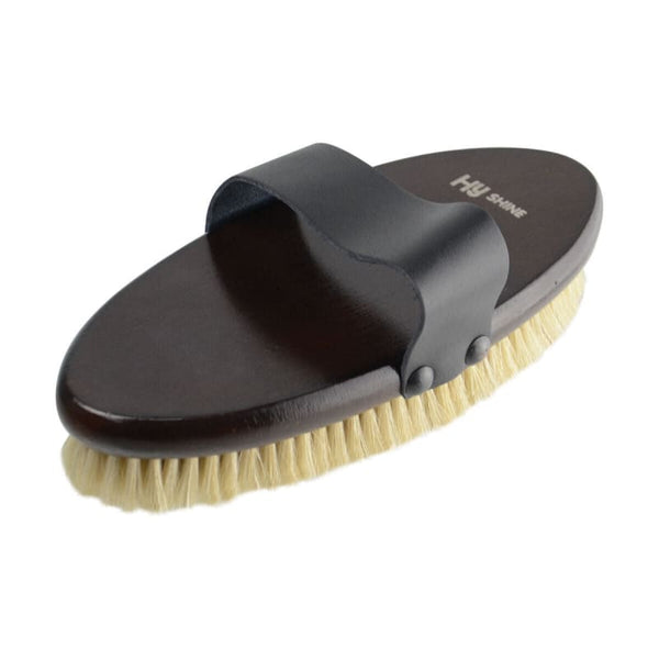 Hy Equestrian Deluxe Body Brush With Pig Bristles Wooden Back and Leather Strap