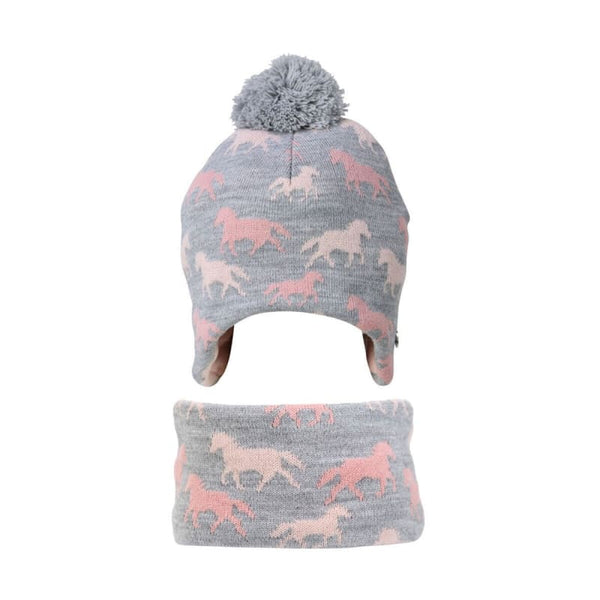 Hy Equestrian Flaine Hat and Headband Bundle Set Kids Grey/Pink Horse Print