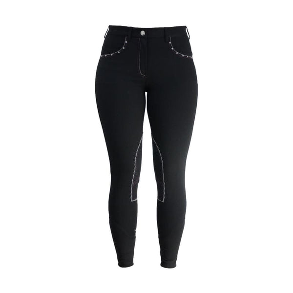 Hy Equestrian Ladies Diamante Contrast Stitch Breeches Black/Berry 24'-30'