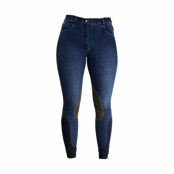 Hy Equestrian Lucinda Ladies Denim Breeches Jean Knee Patches Denim/Brown 24-34