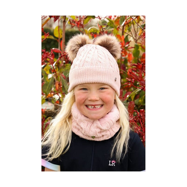 Hy Equestrian Morzine Children's Bobble Hat Two Faux Fur PomPoms Beige/Grey/Pink