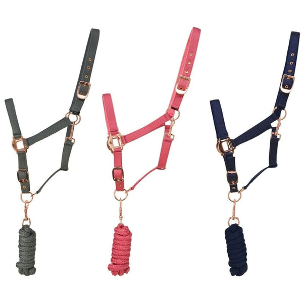 Hy Equestrian Rose Gold Headcollar and Lead Rope Set Pink/Grey/Navy Pony/Cob/Ful