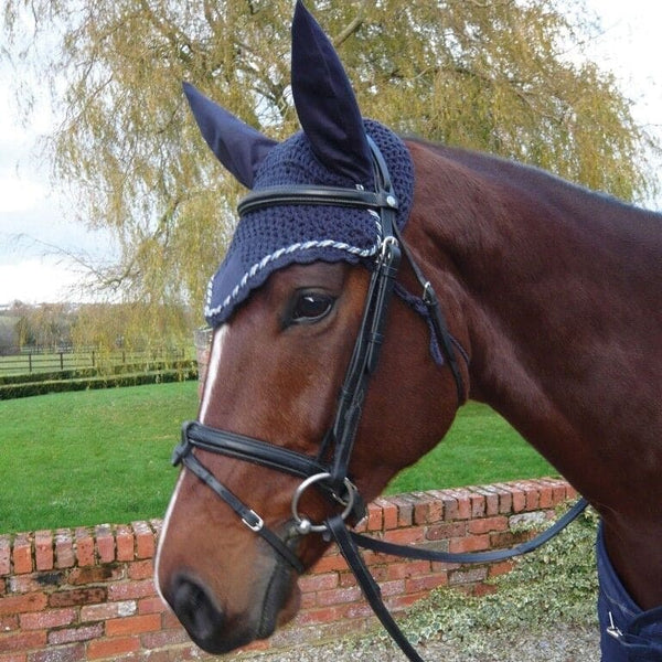 Mark Todd - Crochet Fly Veil Ear Bonnet - Black or Navy, Cob or Full Size