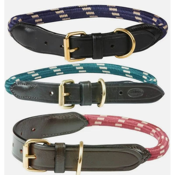 WeatherBeeta Rope Leather Dog Collar Burgundy/Hunter Green/Navy/Brown S/M/L/XL